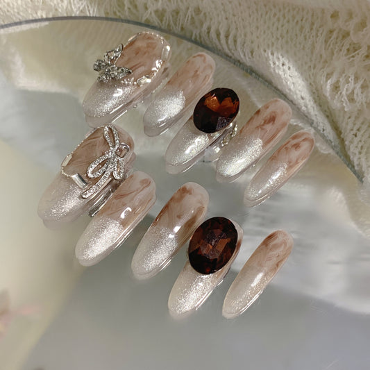 Amber Crystal French Tip Press-On Nails